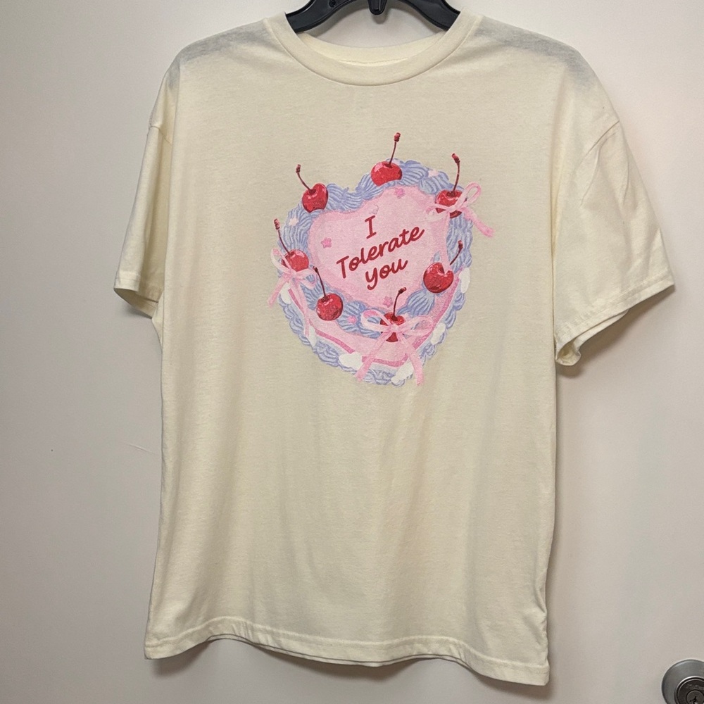 Charming Cream Short Sleeve Tee with Heart and Cherry Design
